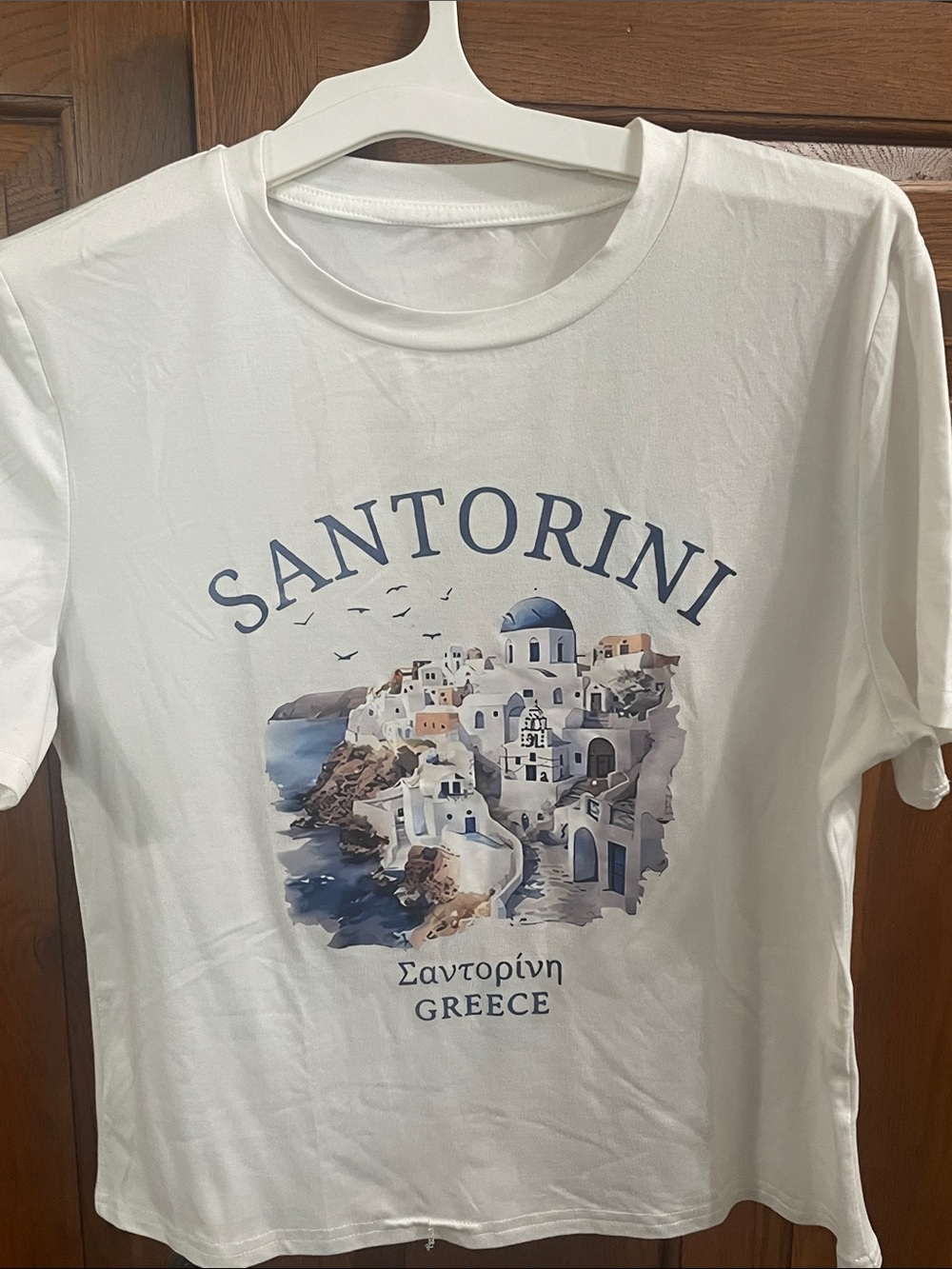 SHEIN White Santorini Graphic Short Sleeve Crop Tee Sz. L NWOT